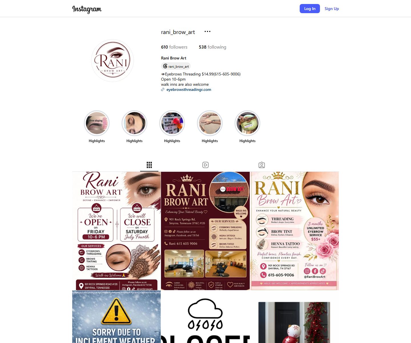 The Rani Brow Art Instagram profile on a laptop, showing the link in bio and the post grid