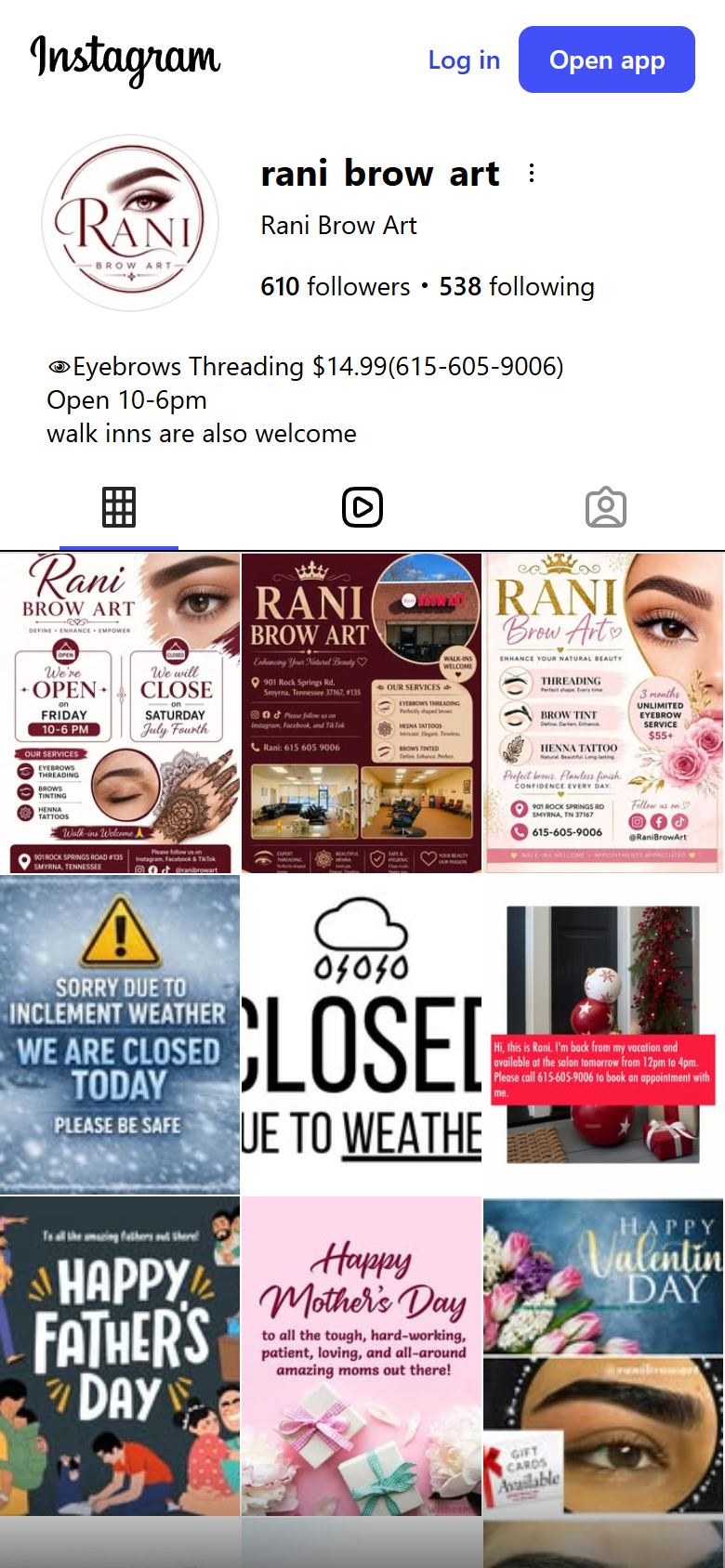The Rani Brow Art Instagram profile on a phone, showing the bio and a grid of holiday graphics and closure notices