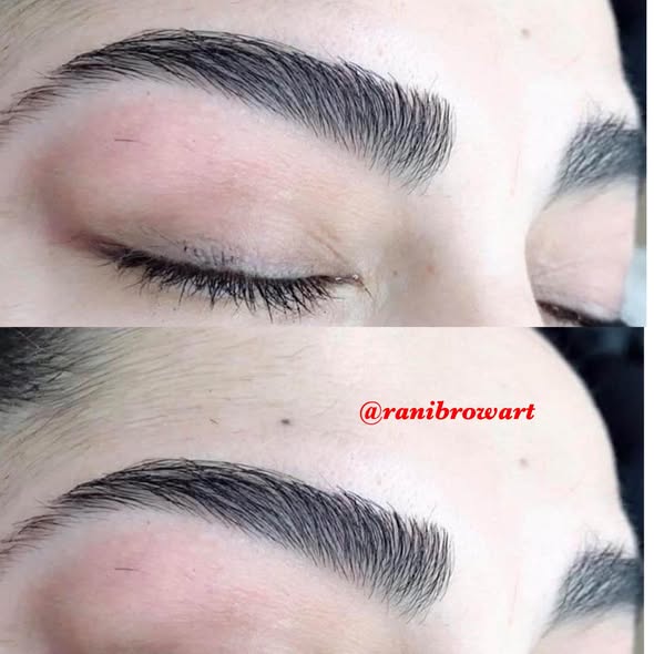A close view of a brow above a closed eye, the edge cleaned to a single crisp line