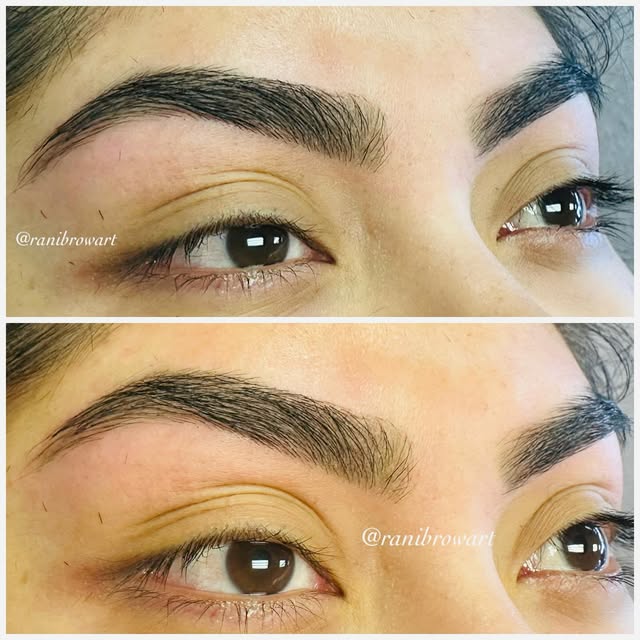 A pair of brows before and after shaping, the arch evened out on both sides